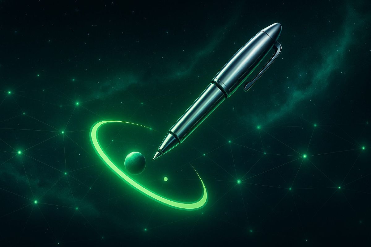 A pen circling a small planet in a dark star field